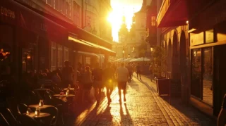 A lively street scene in prague at sunset, showcasing vibrant historic architecture