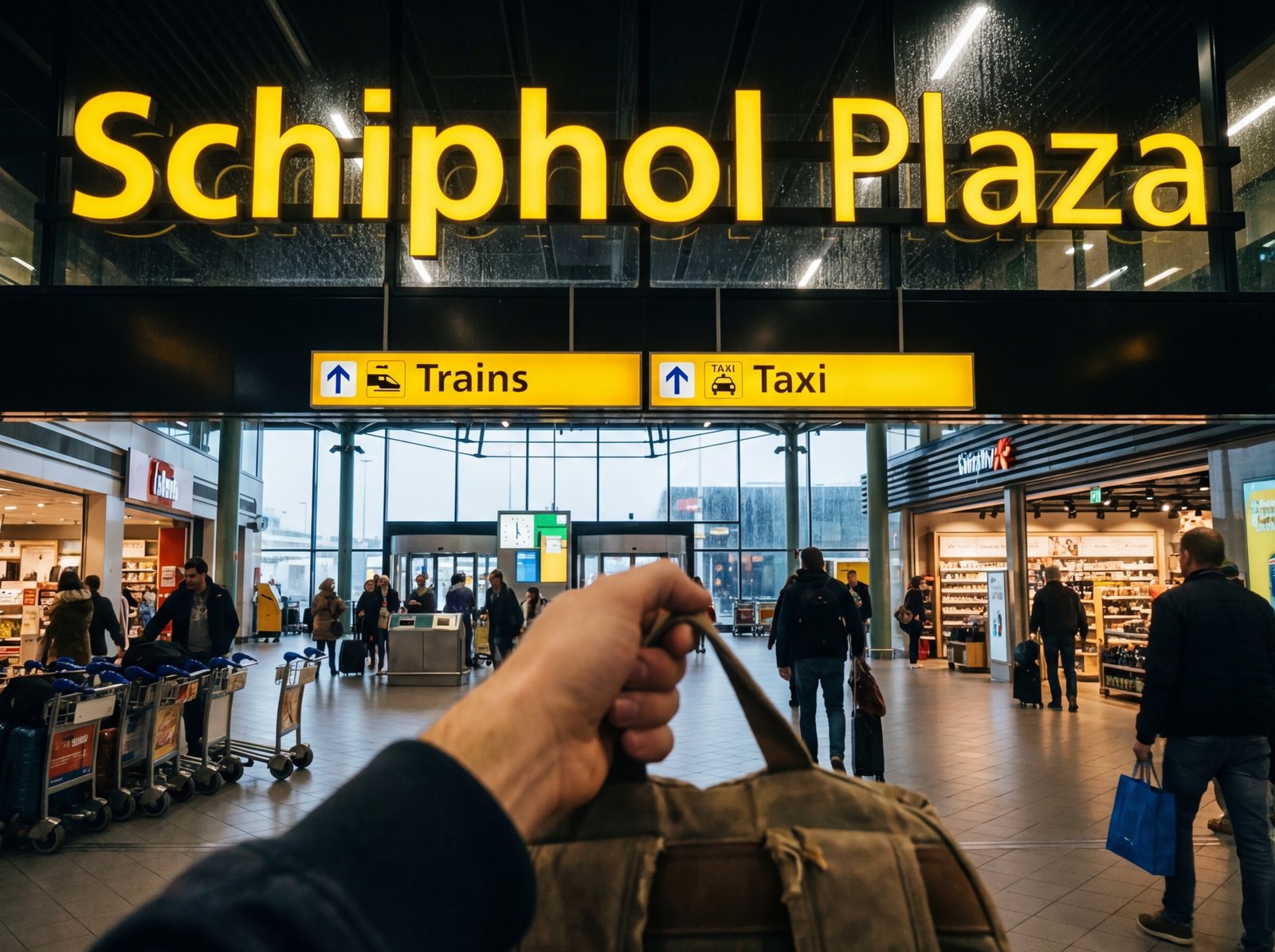 POV shot of solo traveler at Schiphol Plaza arrivals terminal looking for train connections to Amsterdam city center