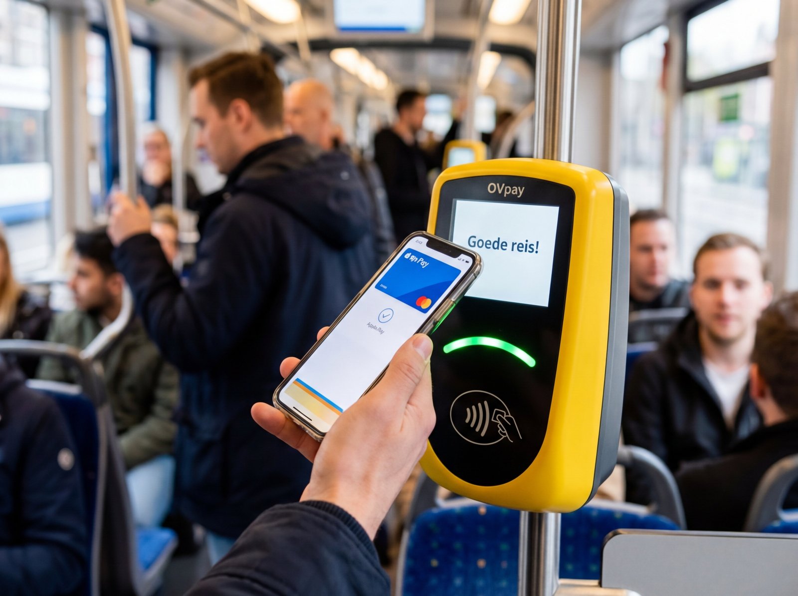 Close-up of a traveler using a smartphone for contactless OVpay tap-in on an Amsterdam tram