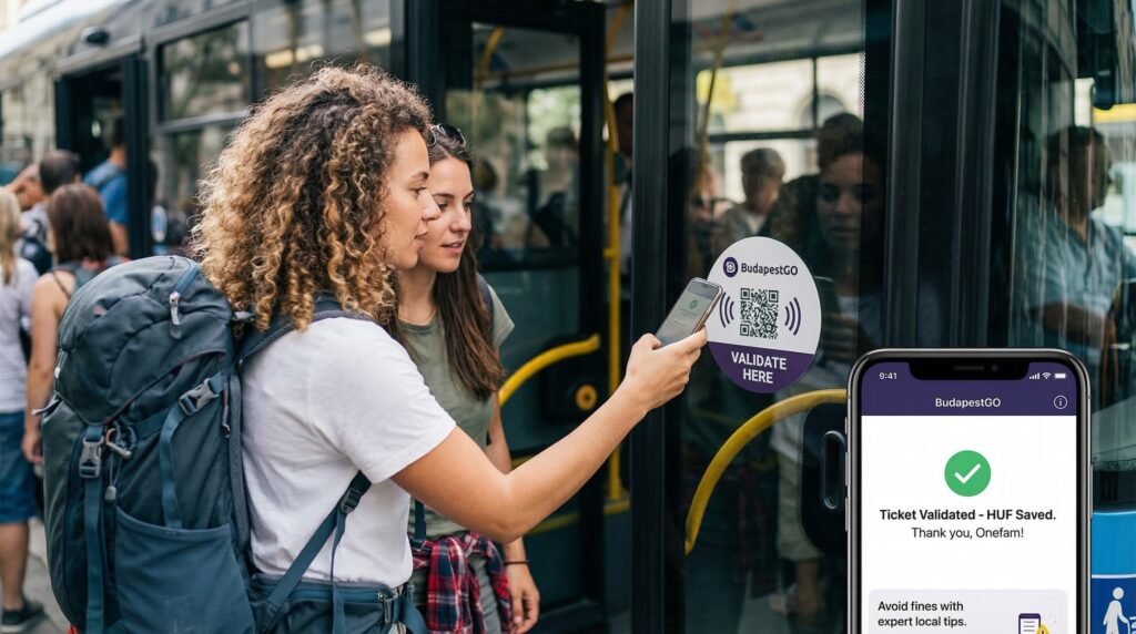 Friends scanning a QR code to download the BudapestGO app