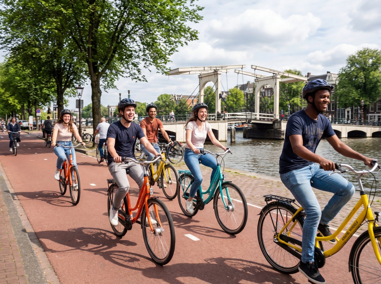 Group of young travelers renting bikes and cycling safely along the Amstel river near Onefam Amstel hostel