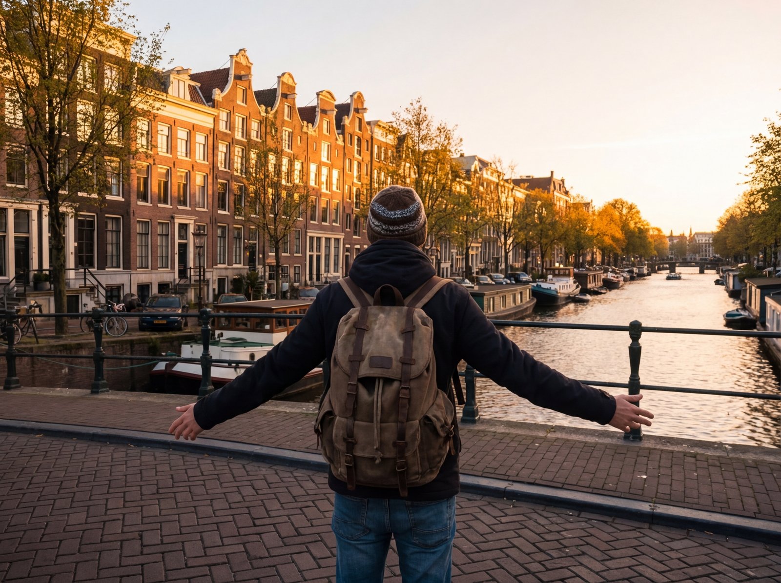 Happy solo backpacker arriving at Amsterdam canals near Onefam Amstel hostel during golden hour