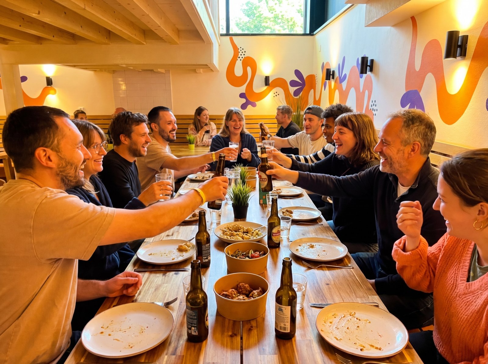 Vibrant scene of solo travelers laughing and sharing a free family dinner at Onefam Amstel social hostel common room