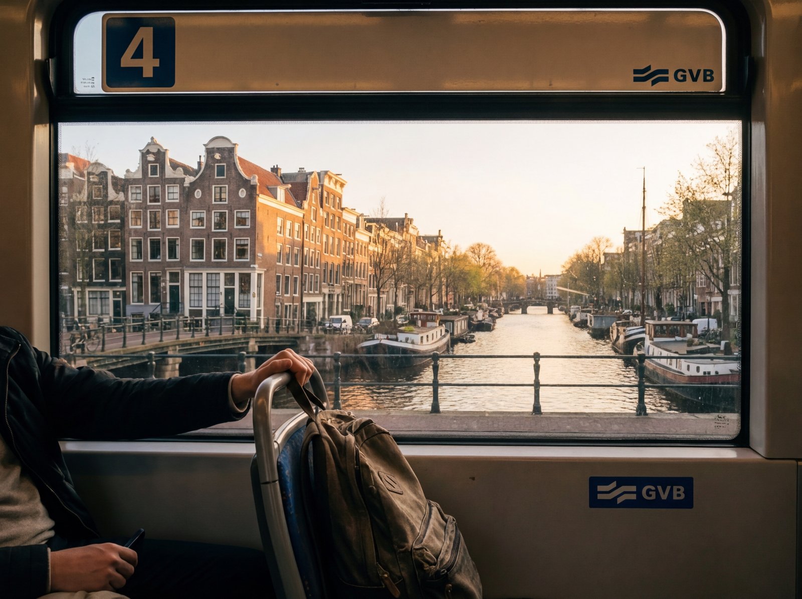 View of traditional Amsterdam canal houses from inside the Tram 4 heading towards Onefam Amstel