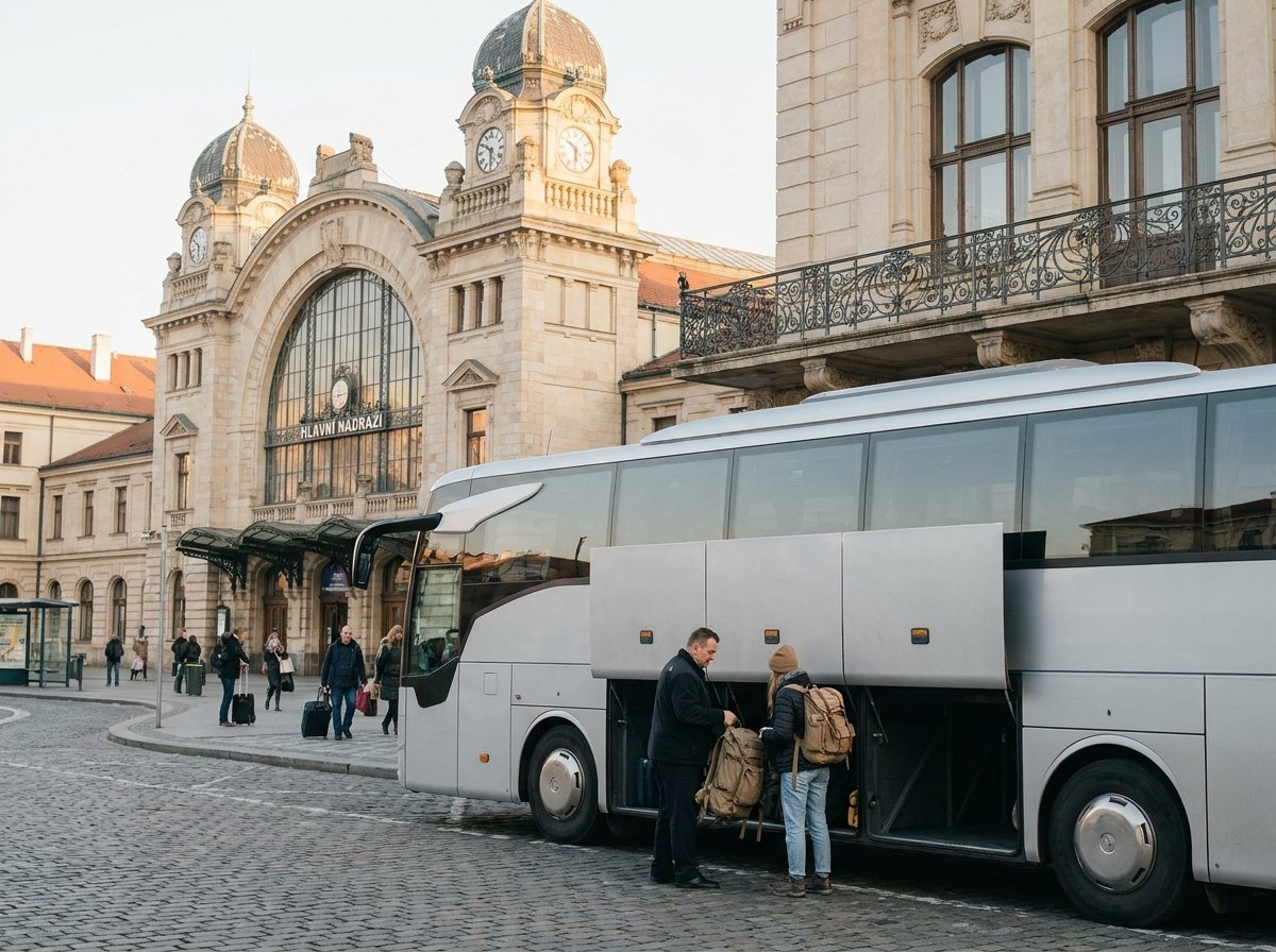 Airport Express bus at Prague main station (Hlavní nádraží) with traveler loading luggage