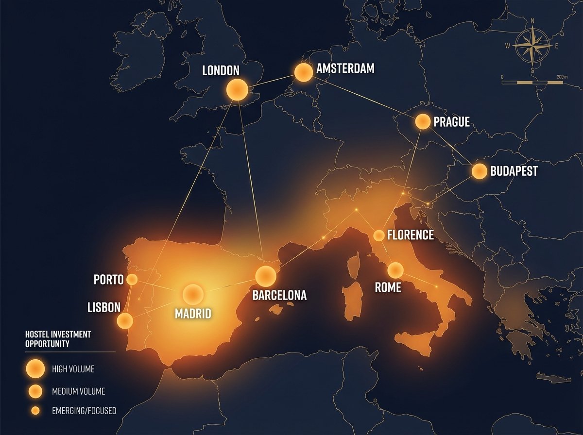 Map of best European cities to invest in hospitality through hostels in 2026: Barcelona, Madrid, Lisbon, London, Rome, Prague