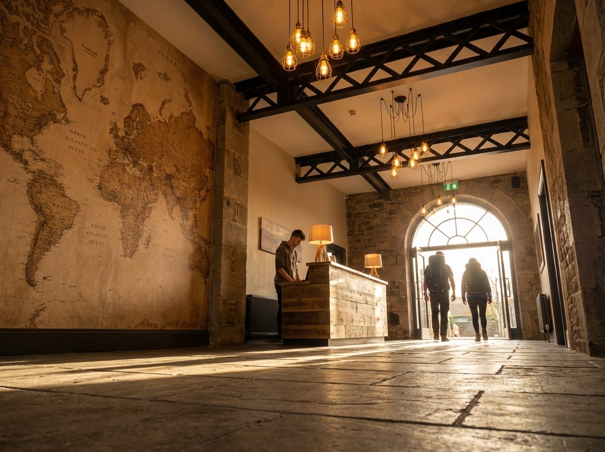 Renovated boutique hostel lobby with travelers arriving — the best hospitality investment opportunity in 2026
