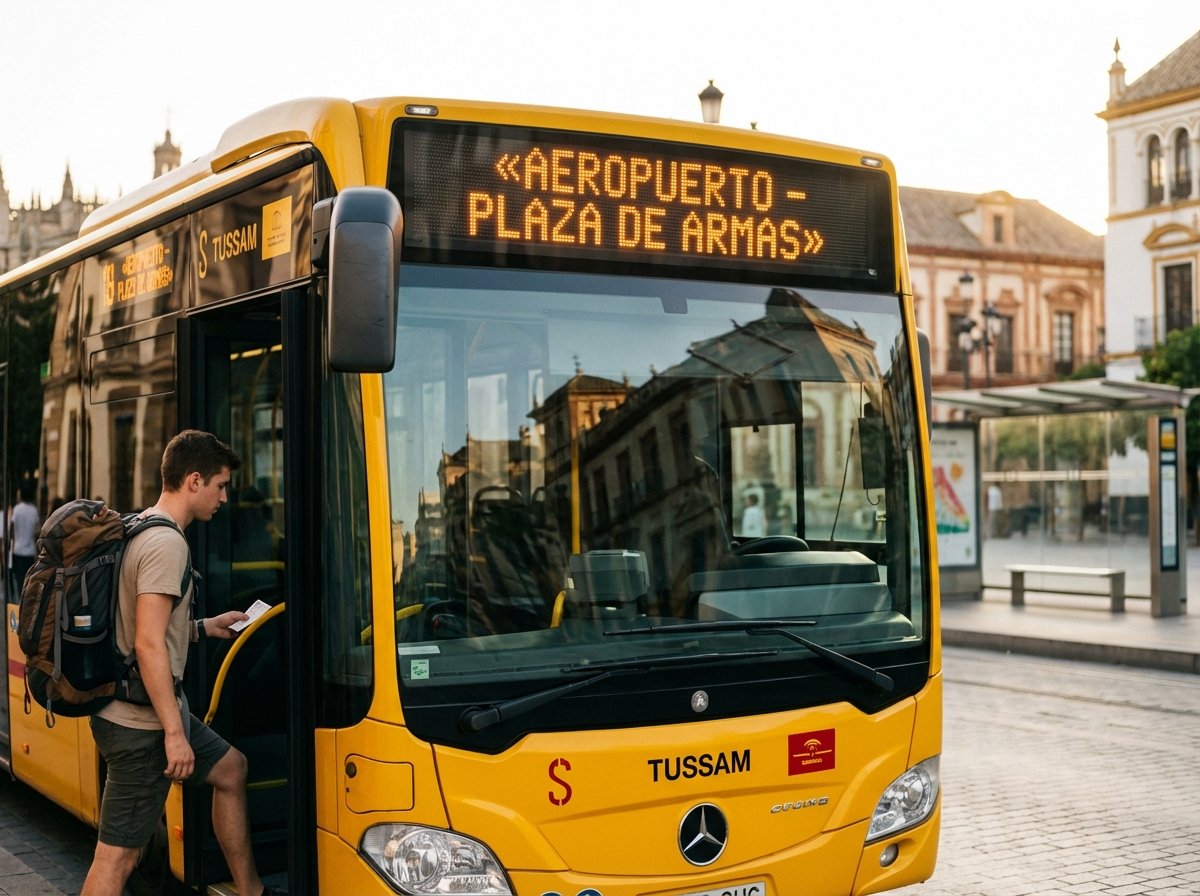 Autobús de la línea TUSSAM EA del aeropuerto de Sevilla con destino a la Plaza de Armas, cerca del Onefam Centro Hostel