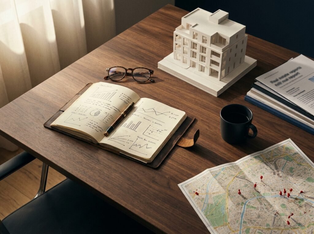 Hospitality investor reviewing European real estate investment memos and an architectural model of a hostel building