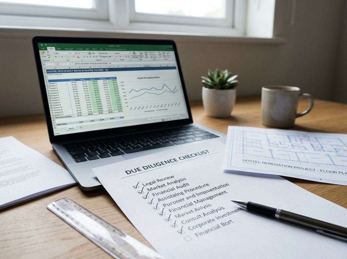 Investor reviewing hostel due diligence checklist with occupancy data and RevPAB spreadsheet — how to evaluate a hostel investment