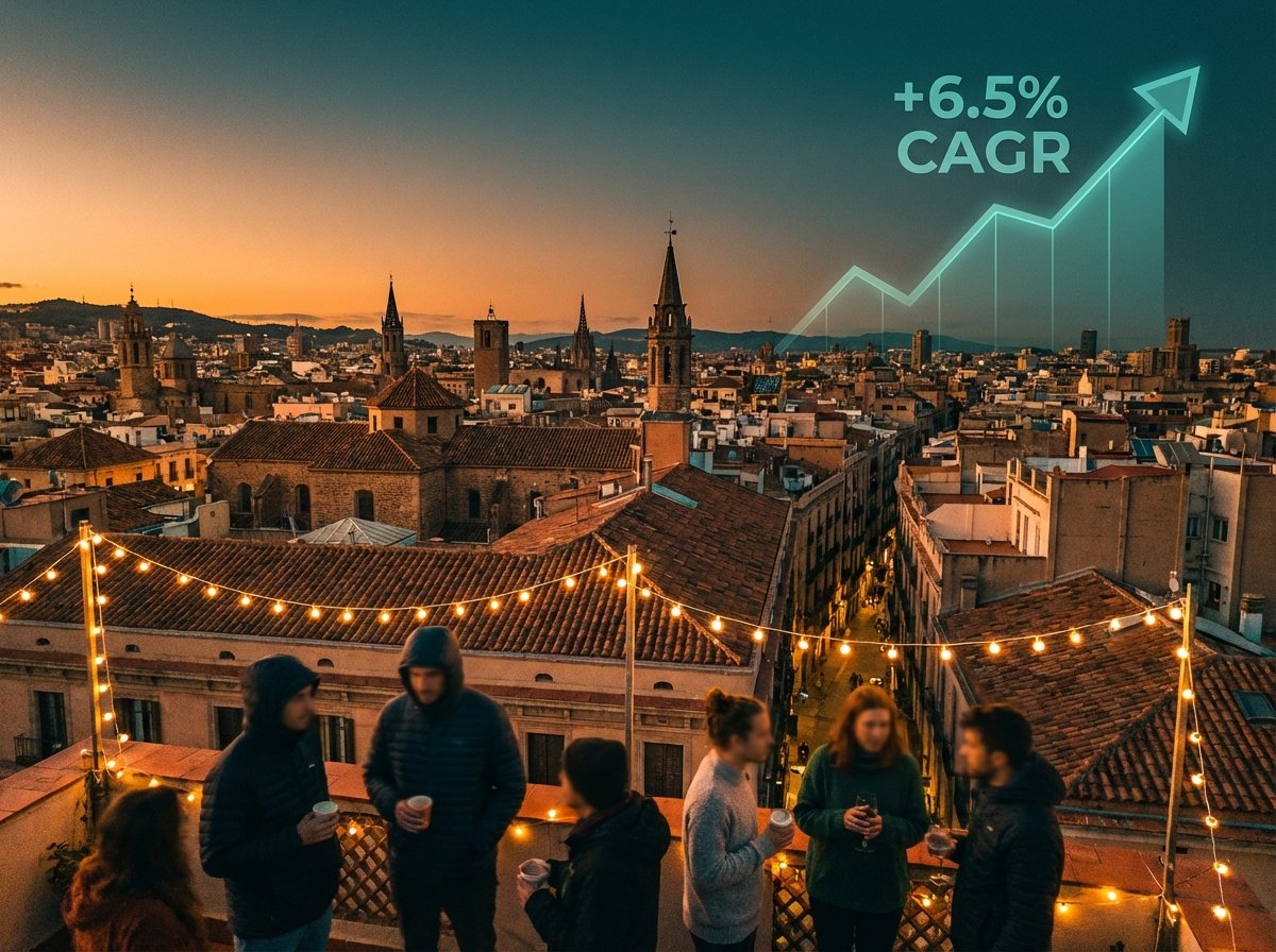 European city rooftop hostel terrace at dusk — hostel market growing at 11.6% CAGR in 2026