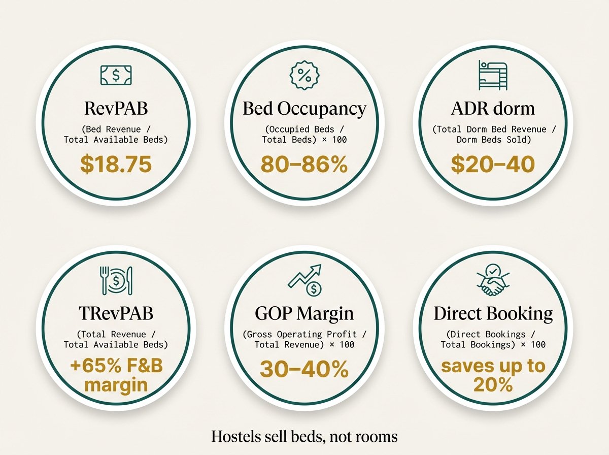 Hostel investment KPI infographic: RevPAB, bed occupancy 80–86%, ADR per bed, TRevPAB, GOP margin and direct booking rate explained
