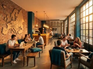 Modern hostel common area with travelers — how to invest in hospitality through hostels in 2026