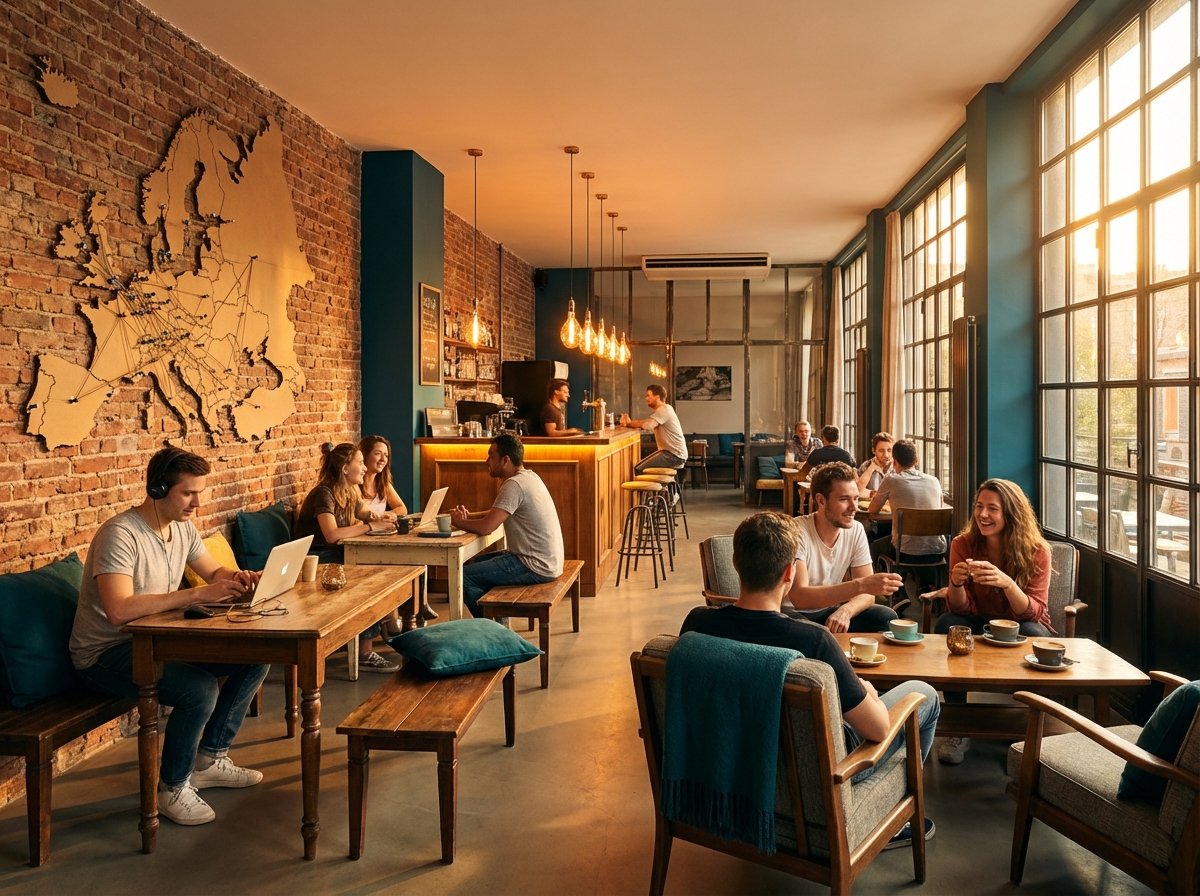 Modern hostel common area with travelers — how to invest in hospitality through hostels in 2026