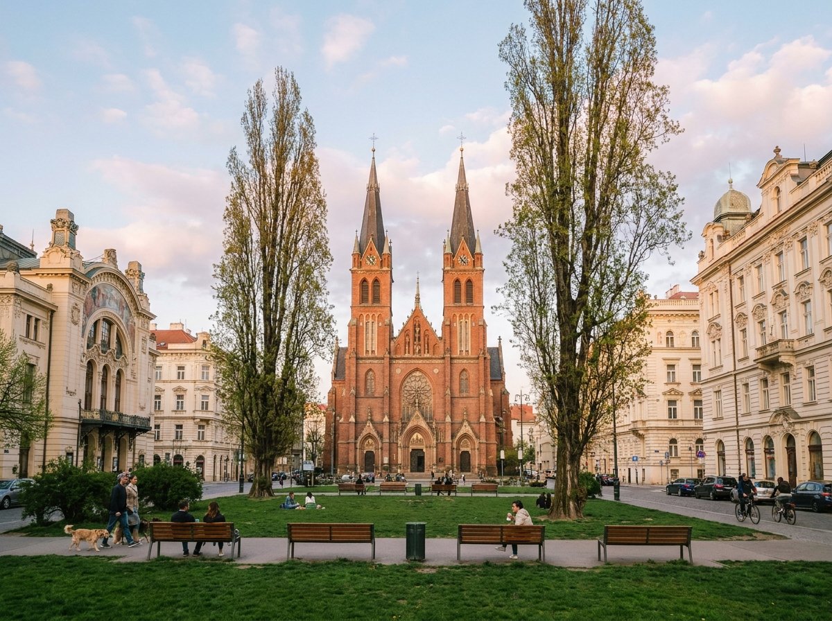 Náměstí Míru square in Vinohrady with Church of St. Ludmila — the main landmark next to Onefam Míru Hostel Prague