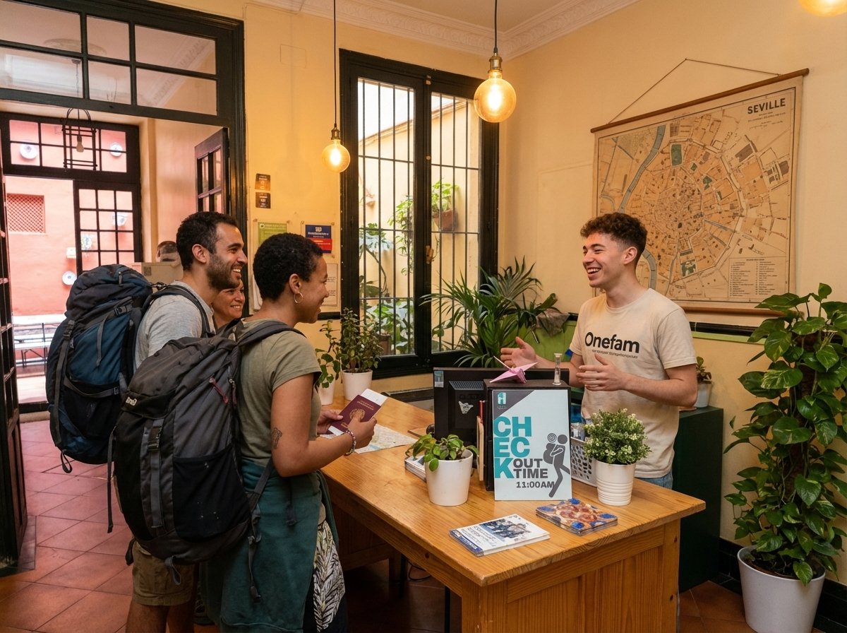 Recepción de bienvenida en el Onefam Centro Hostel de Sevilla: el personal da la bienvenida a los viajeros a su llegada durante el registro