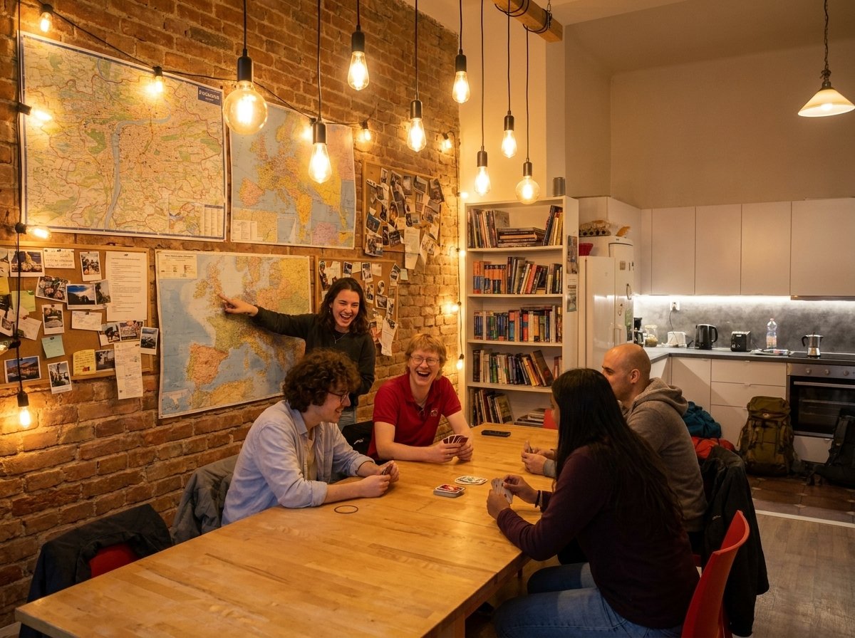 Social common area at Onefam Home Hostel Prague where travelers meet and connect
