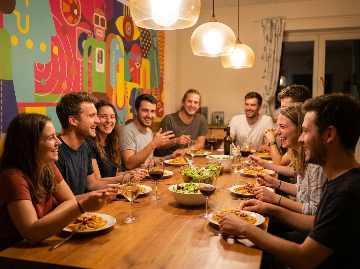 Guests sharing the free family dinner at Onefam Míru Hostel Prague in Vinohrady