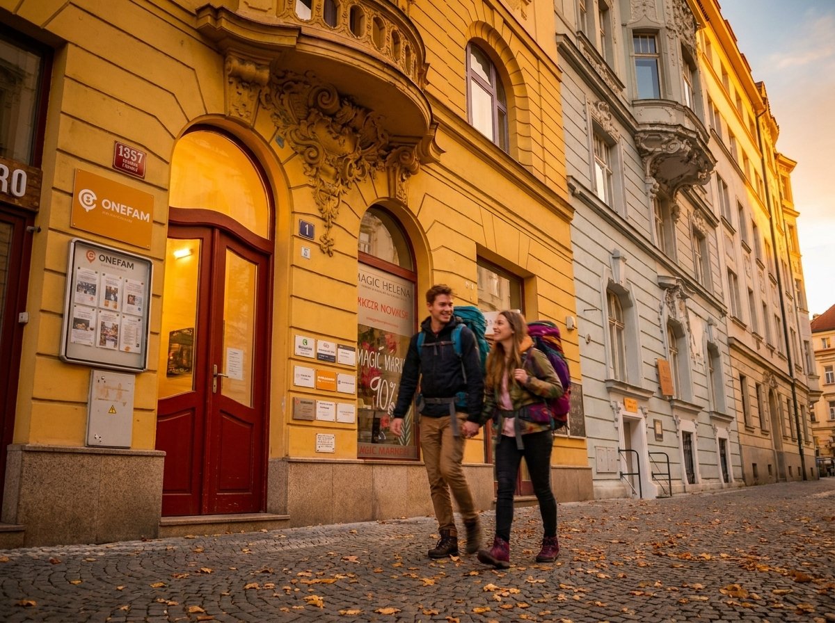 Exterior of Onefam Míru Hostel Prague in Vinohrady with travelers arriving at sunset
