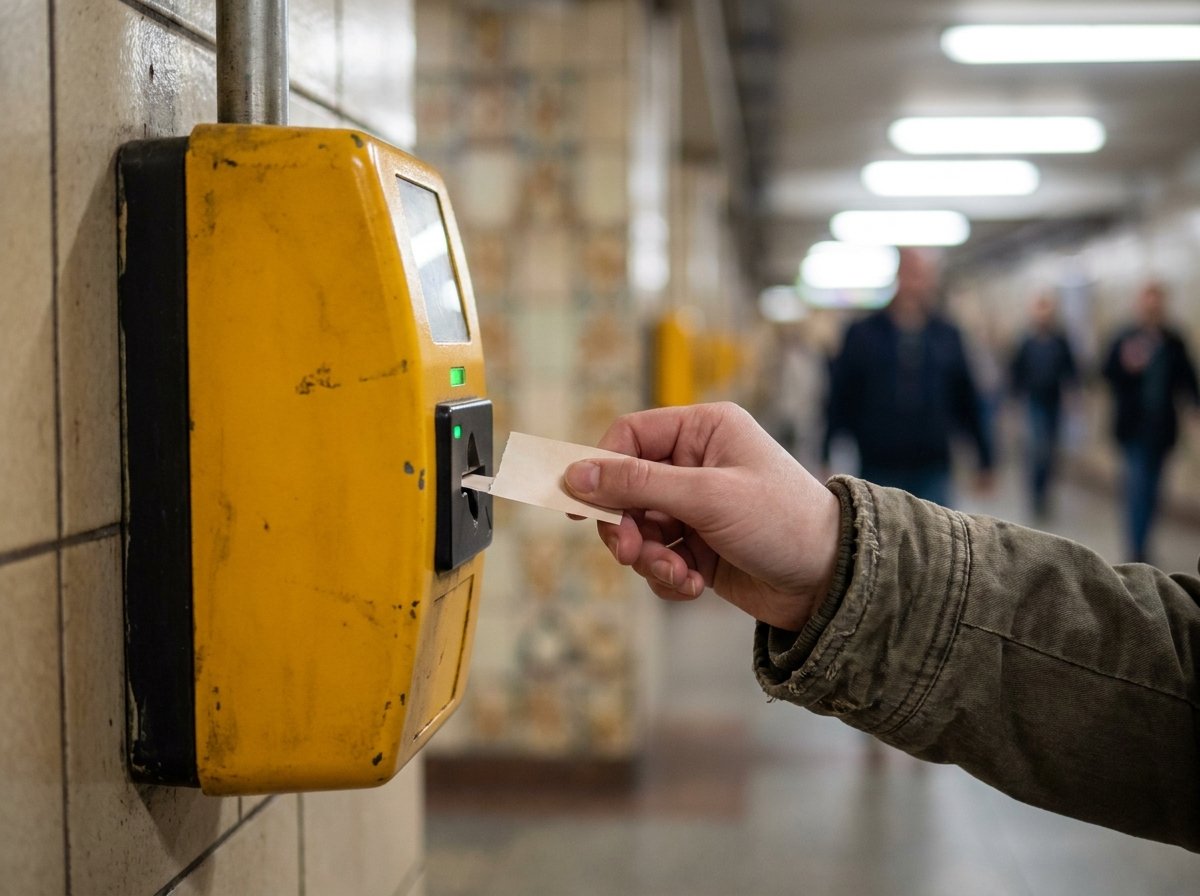 Validating a Prague public transport ticket in the yellow validator — essential to avoid the 1500 CZK fine