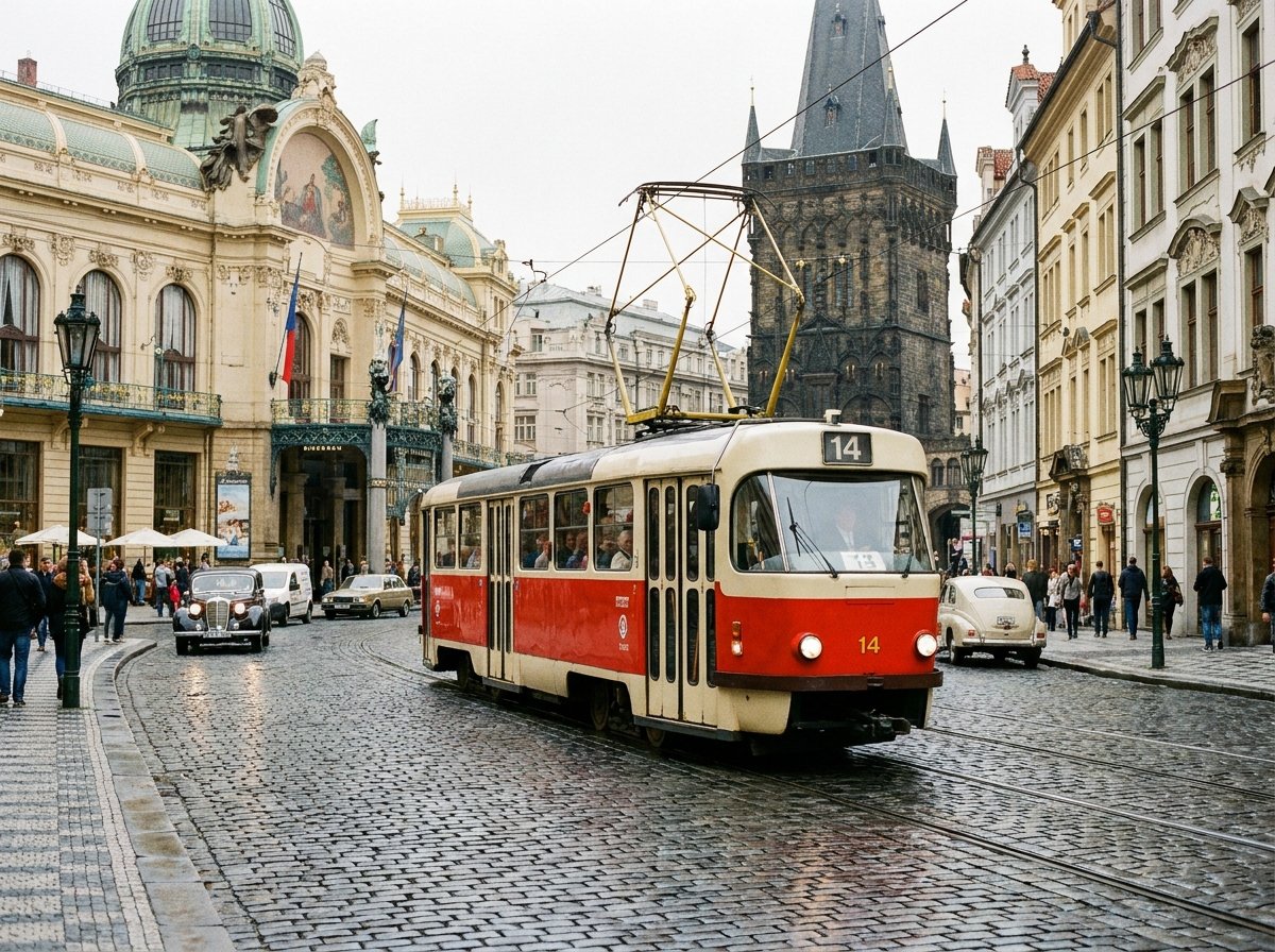 Prague tram line 14 near Masarykovo nádraží – tram stop closest to Onefam Home Hostel Prague