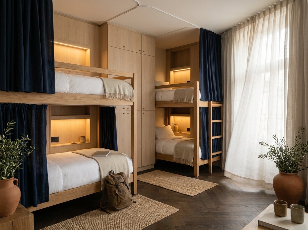 Professionally managed boutique hostel dorm room with custom bunk beds, privacy curtains and premium finishes — the standard delivered by chain operators