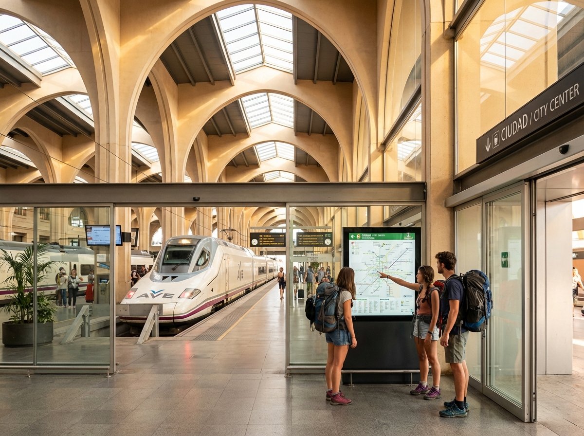 Estación de tren de Santa Justa, Sevilla — viajeros que se dirigen al Onefam Centro Hostel, en el centro de la ciudad