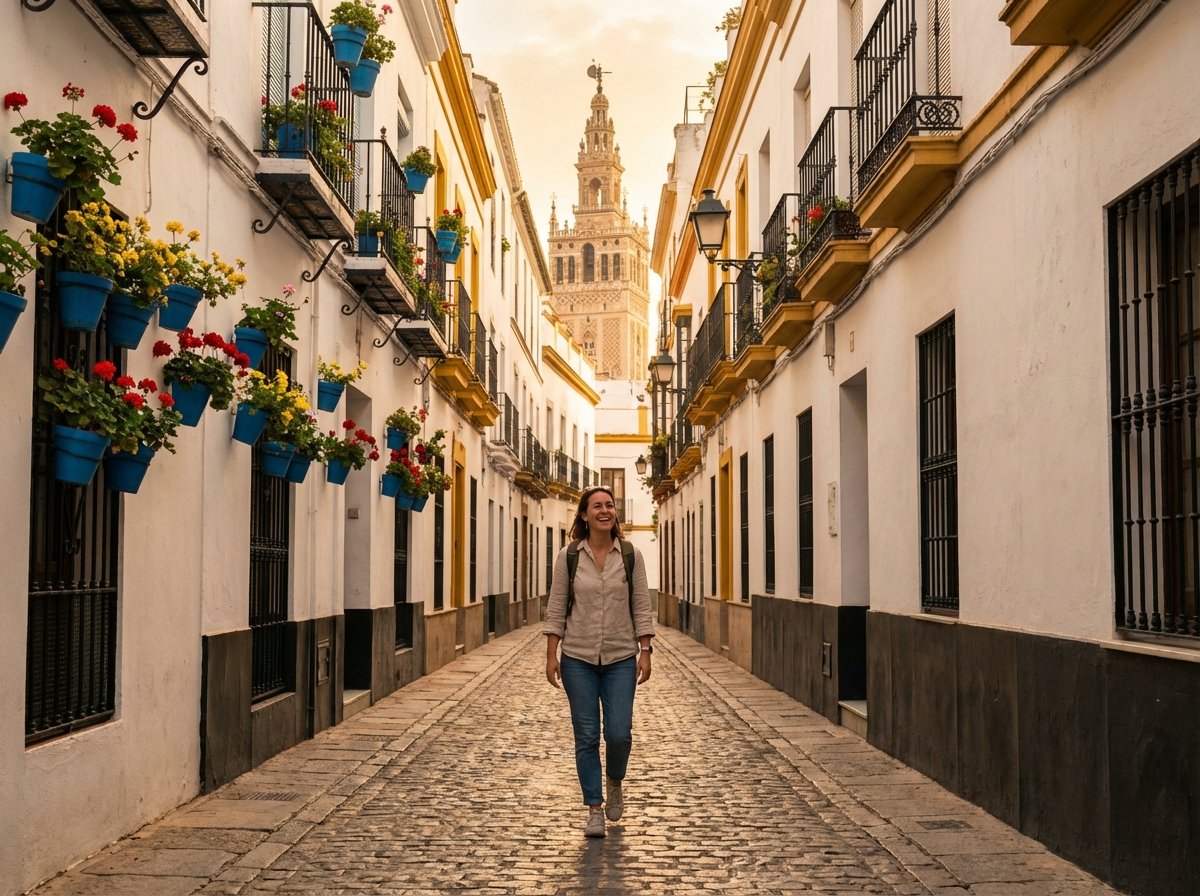 Un viajero que recorre el Casco Antiguo de Sevilla de camino al Onefam Centro Hostel a pie