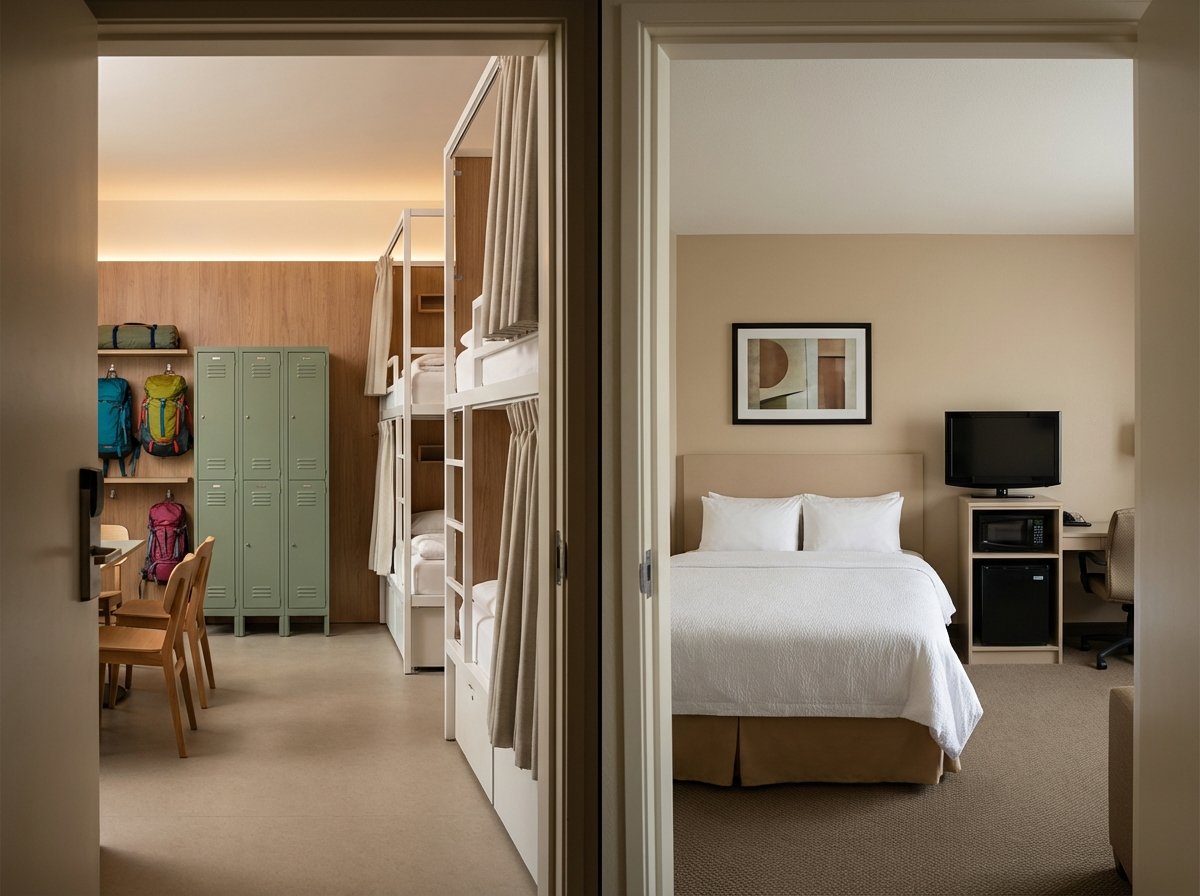 Contraste visual: hostel moderno frente a hotel tradicional