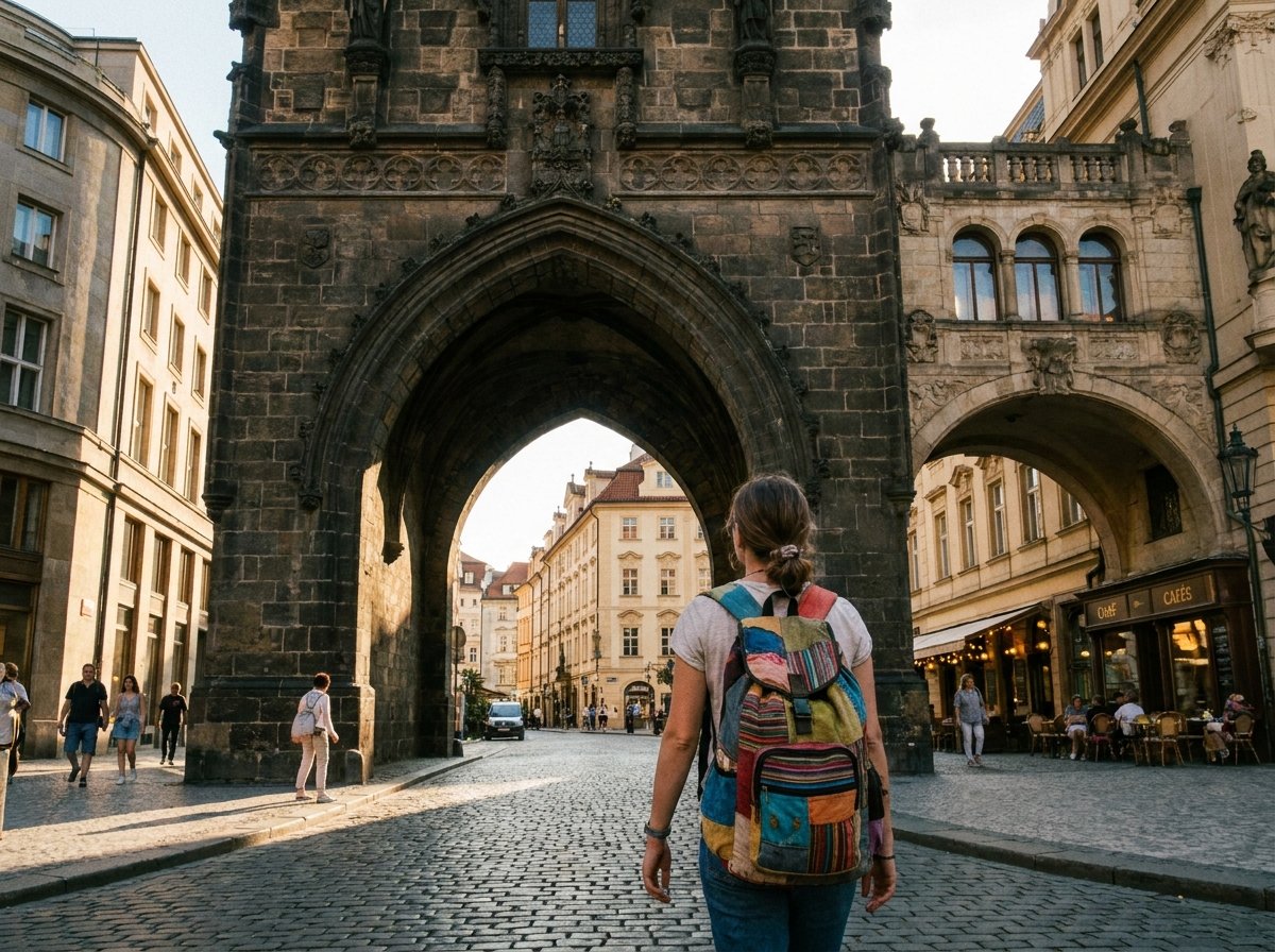 Traveler walking through Prague's Powder Gate on the way to Onefam Home Hostel Prague along Hybernská street