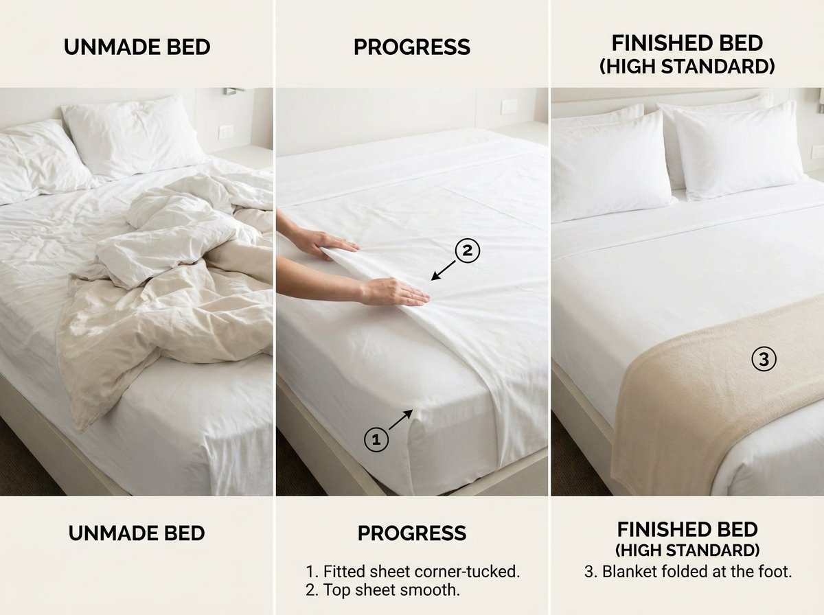 Cama en dormitorio compartido de hostel, correctamente preparada según las normas, con fotos de referencia que muestran cómo doblar las sábanas, colocar la almohada y arreglar la manta