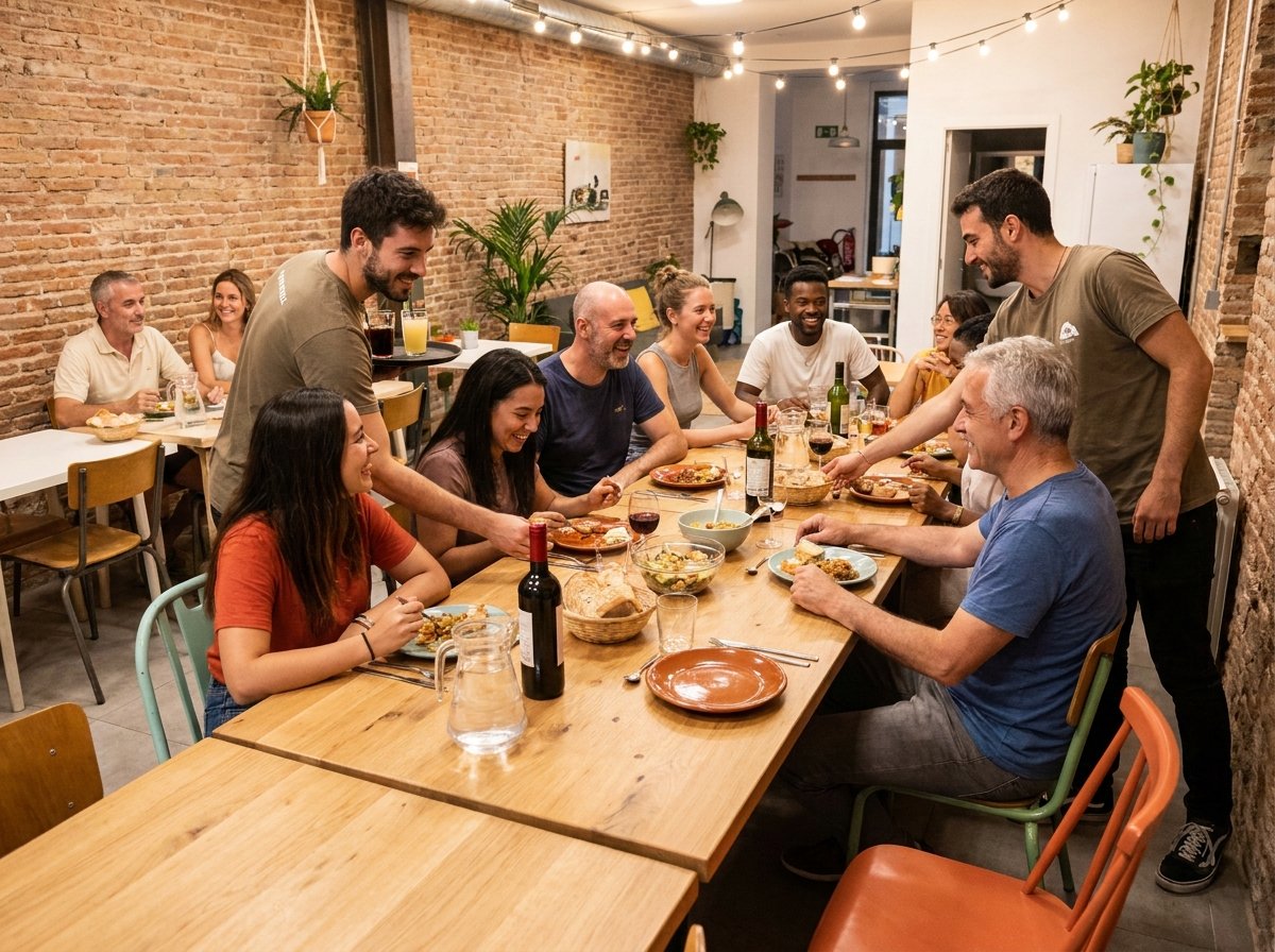 Los huéspedes y el personal del hostel participan en una cena comunitaria en el comedor común, una actividad del programa social