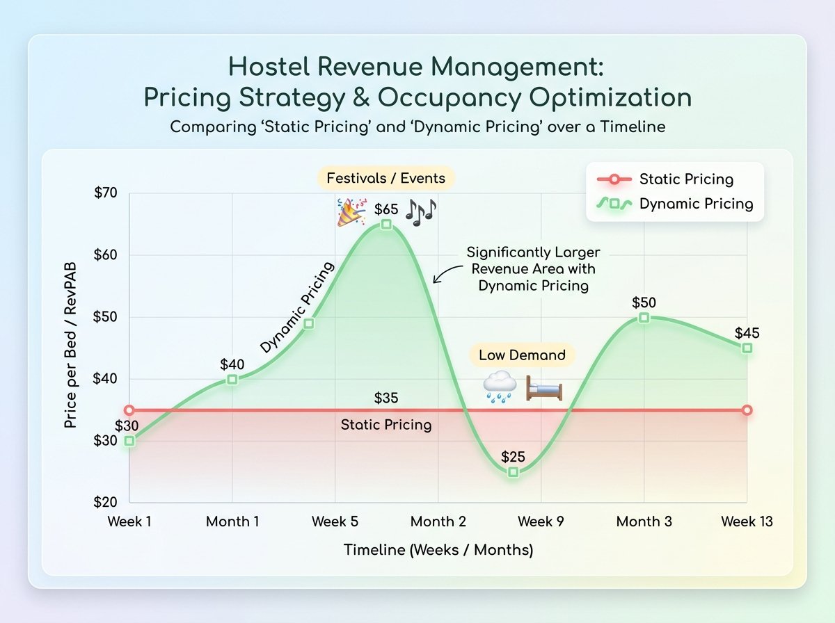Graph showing hostel pricing strategy comparison: static pricing vs dynamic pricing revenue curve over time