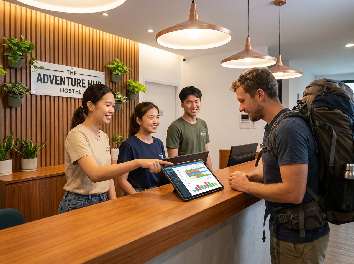 Hostel front desk staff processing check-in with guest, PMS monitor visible, orderly reception area