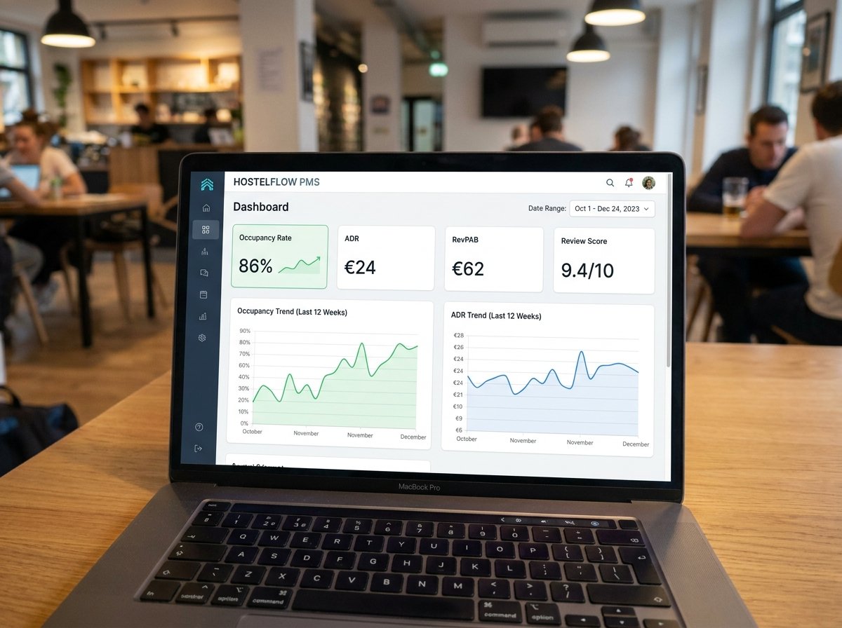 Hostel performance dashboard showing key metrics: occupancy rate, RevPAB, ADR, and review scores with trend analysis