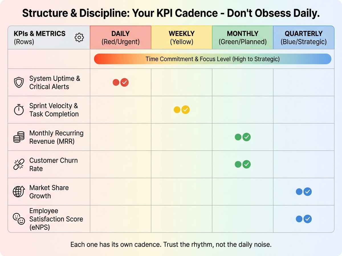 Calendario que muestra qué indicadores clave de rendimiento (KPI) del hostel hay que supervisar a diario, semanalmente, mensualmente y trimestralmente, con el tiempo que hay que dedicar a cada uno