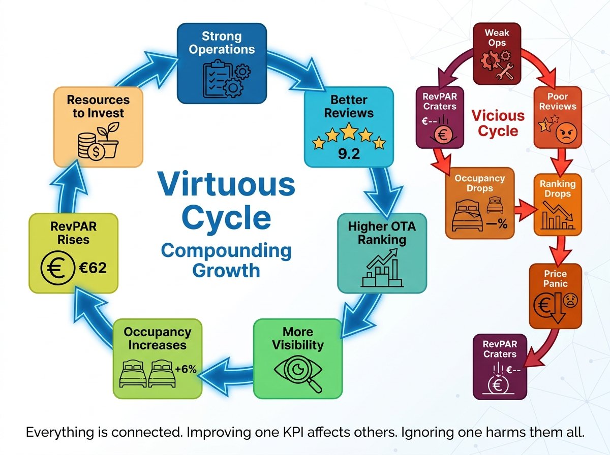Diagrama que muestra el círculo virtuoso de los KPI de un hostel: unas operaciones sólidas dan lugar a mejores valoraciones, una mejor posición en las OTA, una mayor ocupación y un mayor RevPAB