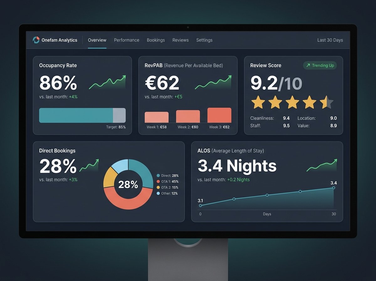 Hostel performance dashboard showing KPI metrics: occupancy rate, RevPAB, review scores, and trend analysis