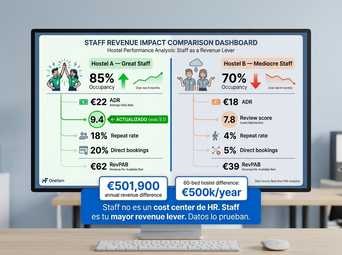 Cuadro de mando que compara la ocupación, las puntuaciones de las reseñas y el impacto en los ingresos de un personal excelente frente a uno mediocre en hostels situados en ubicaciones idénticas