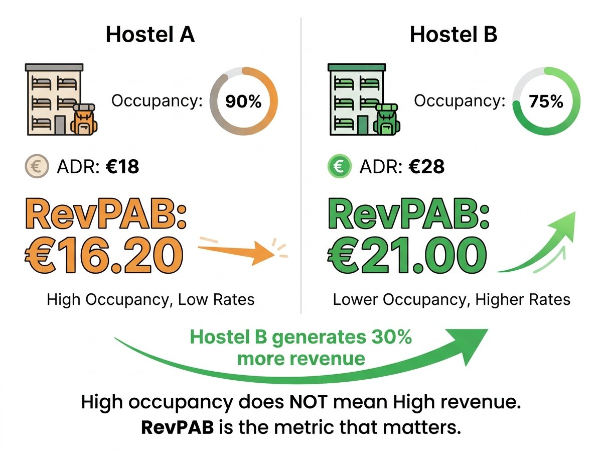 Indicadores clave de rendimiento (KPI) de hostels | Tabla comparativa entre dos hostels: el Hostel A, con una ocupación del 90 % y un precio medio diario (ADR) de 18 €, frente al Hostel B, con una ocupación del 75 % y un precio medio diario (ADR) de 28 €, lo que pone de manifiesto la diferencia en los ingresos por habitación disponible (RevPAB)
