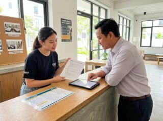 Hostel staff member reviewing documented standard operating procedure checklist during training with manager, reference materials visible