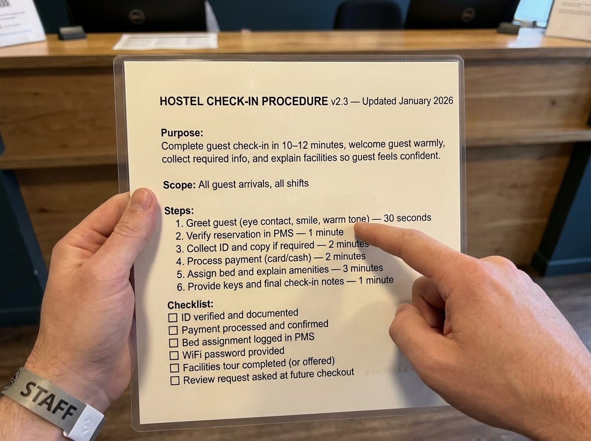 Plantilla de documento de procedimientos operativos estándar (SOP) para un hostel, con una estructura clara: título, objetivo, pasos numerados y formato de lista de verificación | Procedimientos operativos estándar para hostels