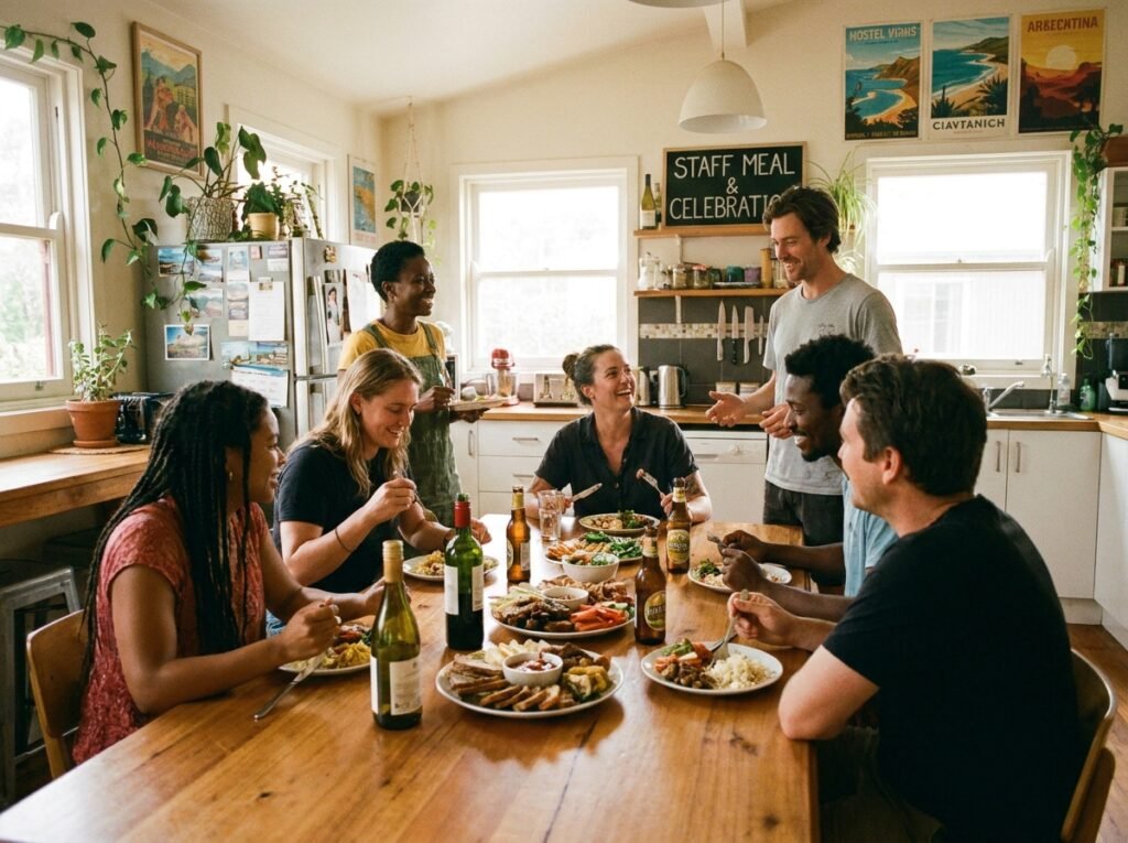 El equipo del hostel comiendo juntos en la zona común, lo que demuestra la cultura de equipo y el espíritu de comunidad que mejora la retención del personal