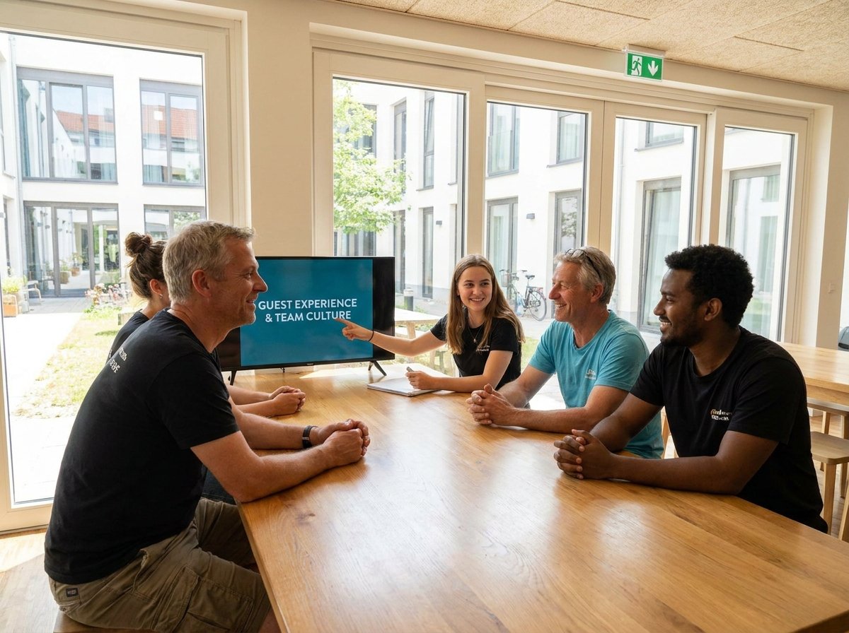 Diverse hostel staff team in training session or team meeting, collaborative environment | How to manage a hostel