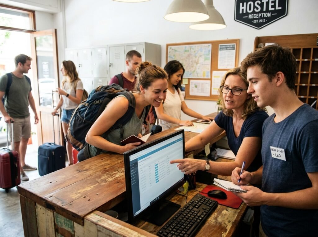 Un nuevo empleado del hostel acompaña a un recepcionista con experiencia durante su formación, aprendiendo los procedimientos de registro de forma práctica | Gestión del personal del hostel