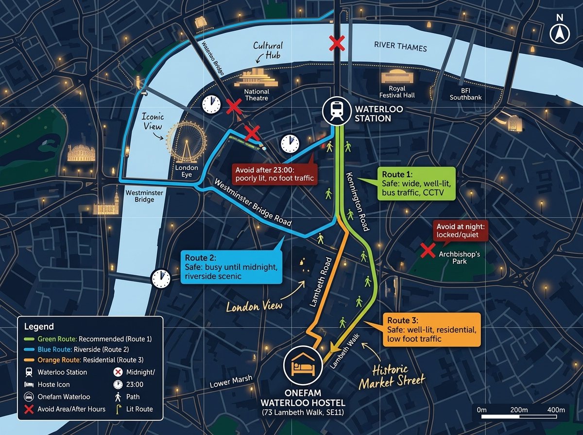 Map of safe walking routes between Waterloo Station and Onefam Waterloo at night